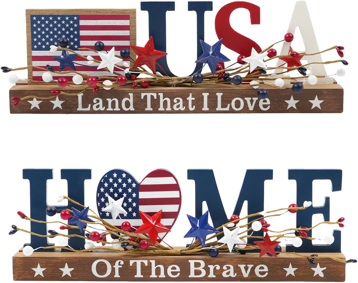 2 piece patriotic USA and Home wooden tabletop signs with red white blue berry stars for Memorial Day 4th of July tiered tray and home office decor