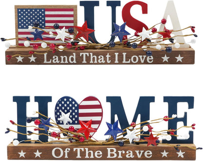 2 piece patriotic USA and Home wooden tabletop signs with red white blue berry stars for Memorial Day 4th of July tiered tray and home office decor