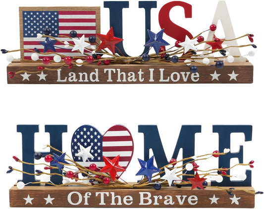 2 piece patriotic USA and Home wooden tabletop signs with red white blue berry stars for Memorial Day 4th of July tiered tray and home office decor