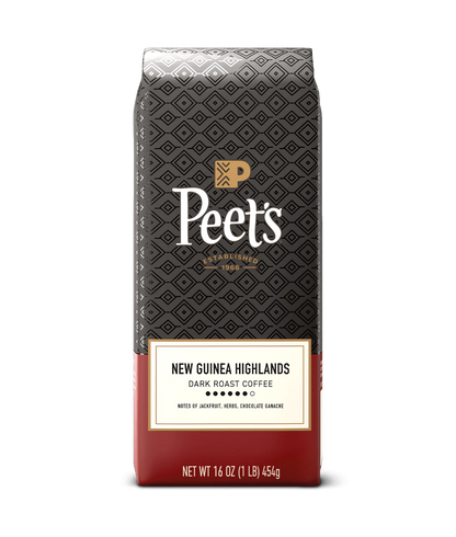 Peet’s New Guinea Highlands Coffee bag with flavor notes jackfruit, herb, and ganache.