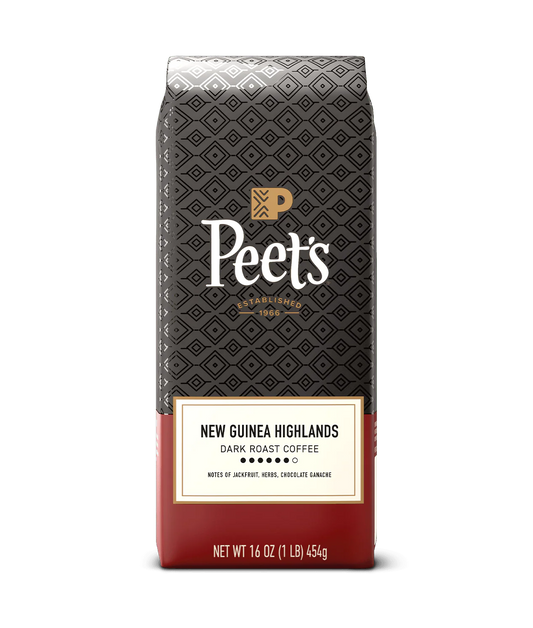 Peet’s New Guinea Highlands Coffee bag with flavor notes jackfruit, herb, and ganache.
