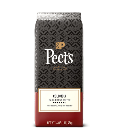 Peet’s Colombia Coffee bag with flavor notes caramel, toasted nut, and stone fruit.