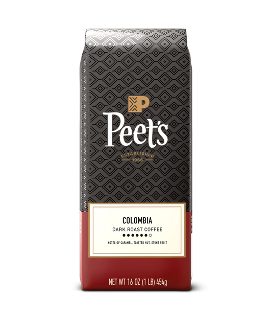 Peet’s Colombia Coffee bag with flavor notes caramel, toasted nut, and stone fruit.
