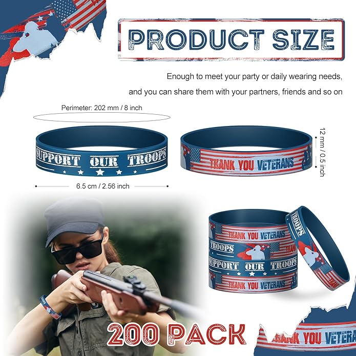 200 piece veterans silicone wristbands with 250th Anniversary American flag design bulk military bracelets for men women memorial day and patriotic party favors