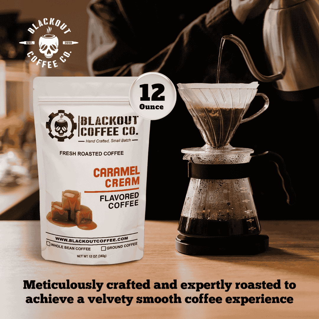 Caramel Cream flavored coffee bag with caramel, brown sugar, and vanilla cream notes