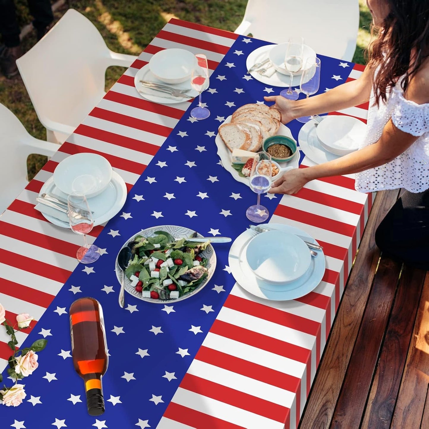 3 pack red white blue disposable patriotic plastic tablecloths 54x108 inches for 4th of July Independence Day Memorial Day and outdoor party decorations
