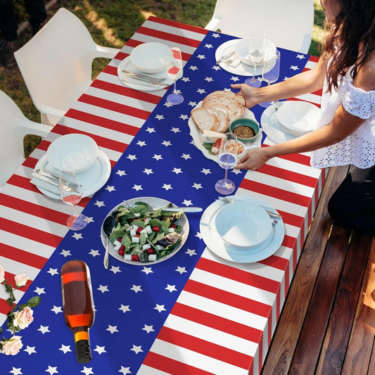 3 pack red white blue disposable patriotic plastic tablecloths 54x108 inches for 4th of July Independence Day Memorial Day and outdoor party decorations
