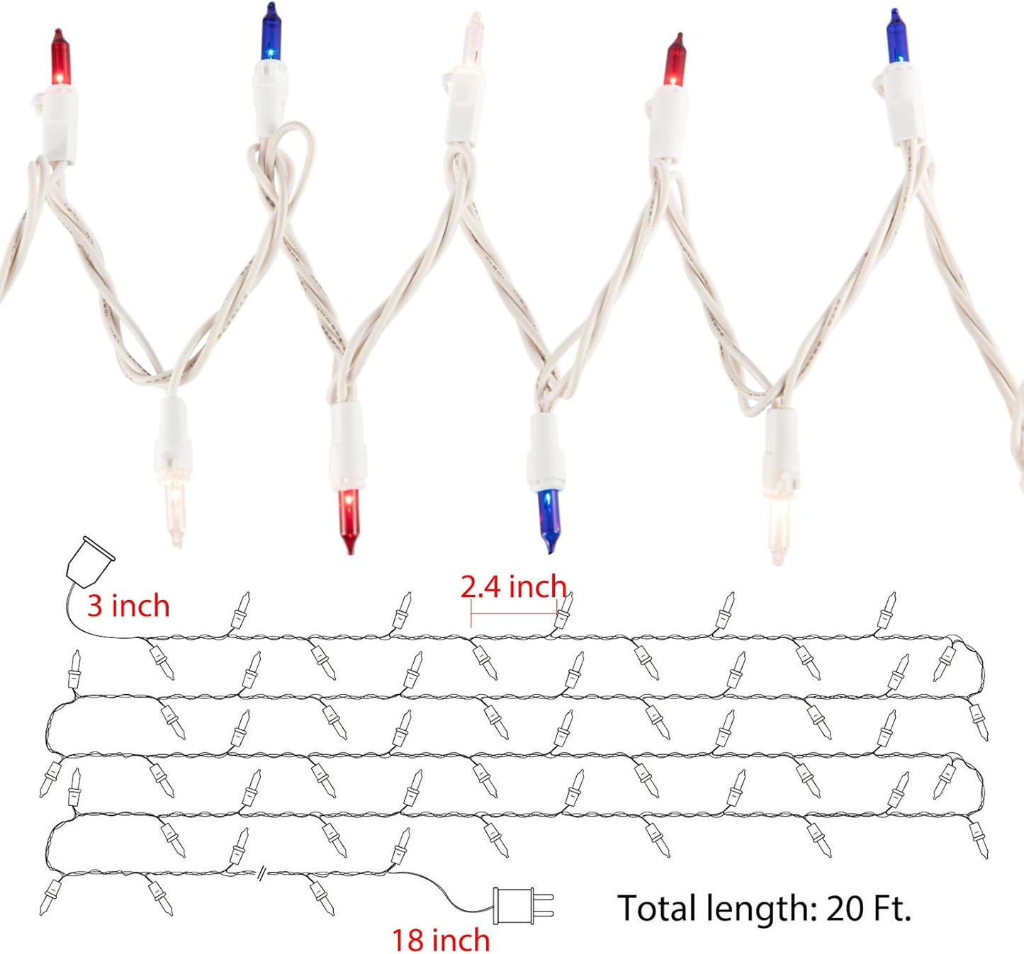 100 count 20 feet red white blue patriotic mini incandescent string lights waterproof for indoor outdoor 4th of July and Independence Day decoration
