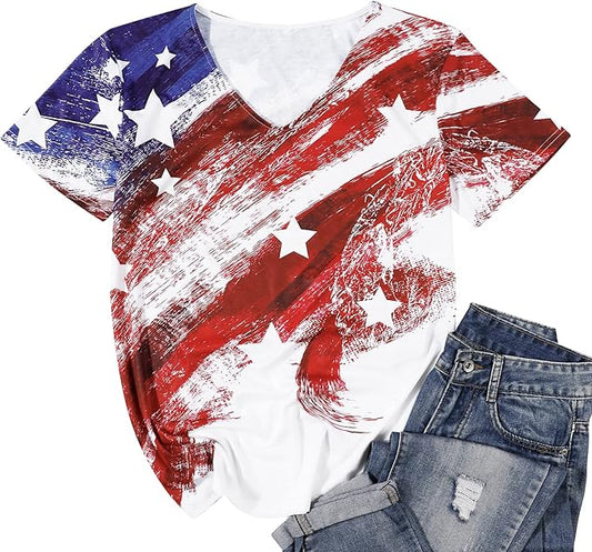 American Flag T Shirt Women USA Star Stripes Fourth July Tee Shirts Casual America Flag Print V Neck Tee Tops