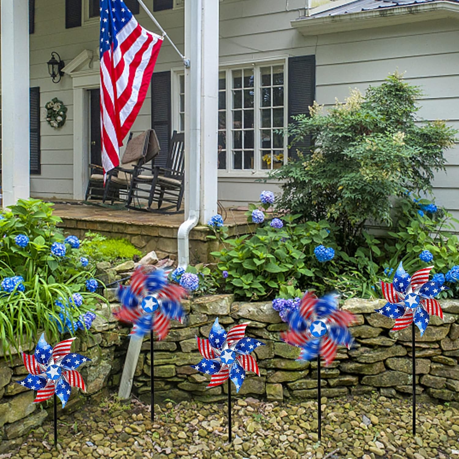10 pack reflective American flag patriotic pinwheel wind spinners with stakes for Independence Day Memorial Day 4th of July garden yard and bird repellent decoration
