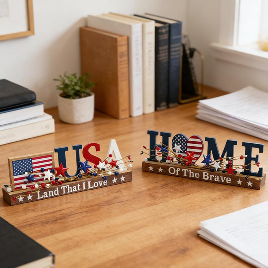 2 piece patriotic USA and Home wooden tabletop signs with red white blue berry stars for Memorial Day 4th of July tiered tray and home office decor