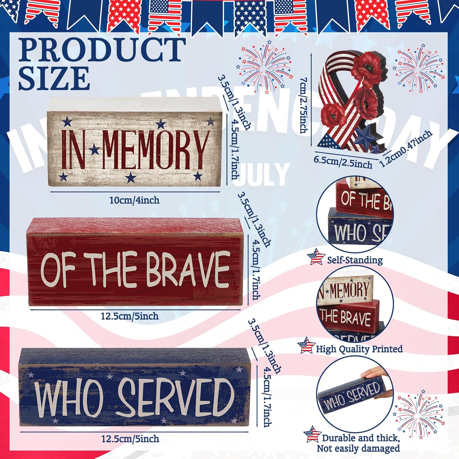 4 piece red white blue wood patriotic tabletop decorations and centerpiece signs for Memorial Day 4th of July tiered tray home shelf and office