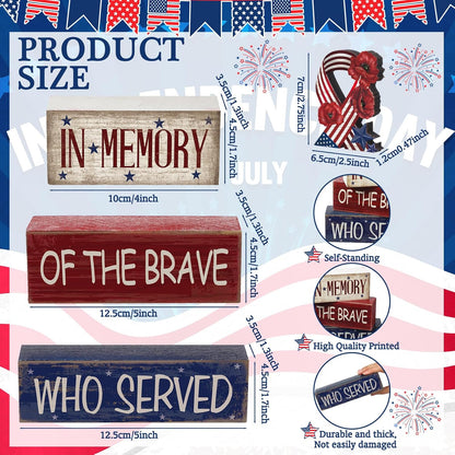 4 piece red white blue wood patriotic tabletop decorations and centerpiece signs for Memorial Day 4th of July tiered tray home shelf and office