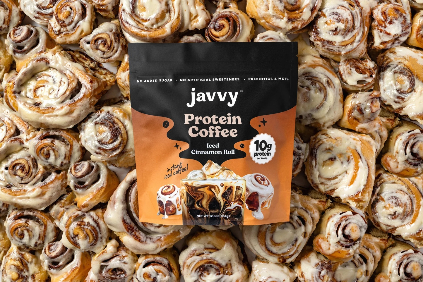 Javvy Iced Cinnamon Roll flavored protein coffee with sweet icing and premium whey protein
