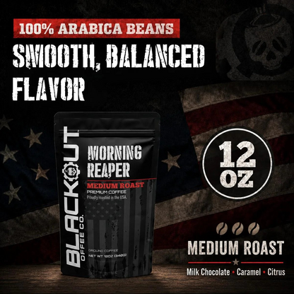 Blackout Coffee Morning Reaper 12oz coffee bag on a rugged dark surface with bold patriotic branding