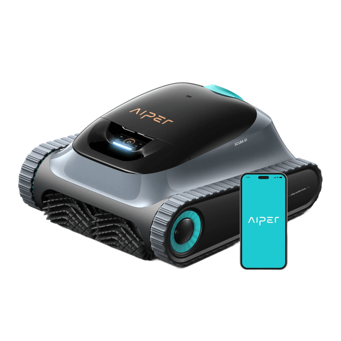 Aiper Scuba S1 cordless robotic pool cleaner in blue and white on pool deck