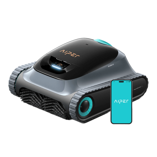 Aiper Scuba S1 cordless robotic pool cleaner in blue and white on pool deck