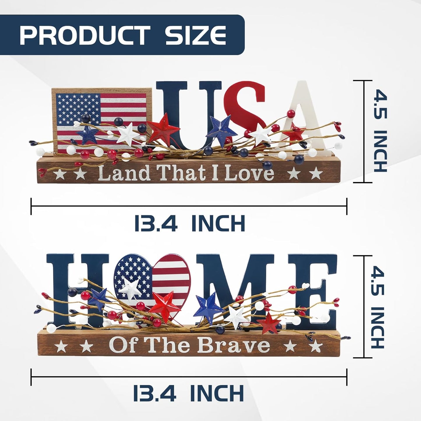 2 piece patriotic USA and Home wooden tabletop signs with red white blue berry stars for Memorial Day 4th of July tiered tray and home office decor