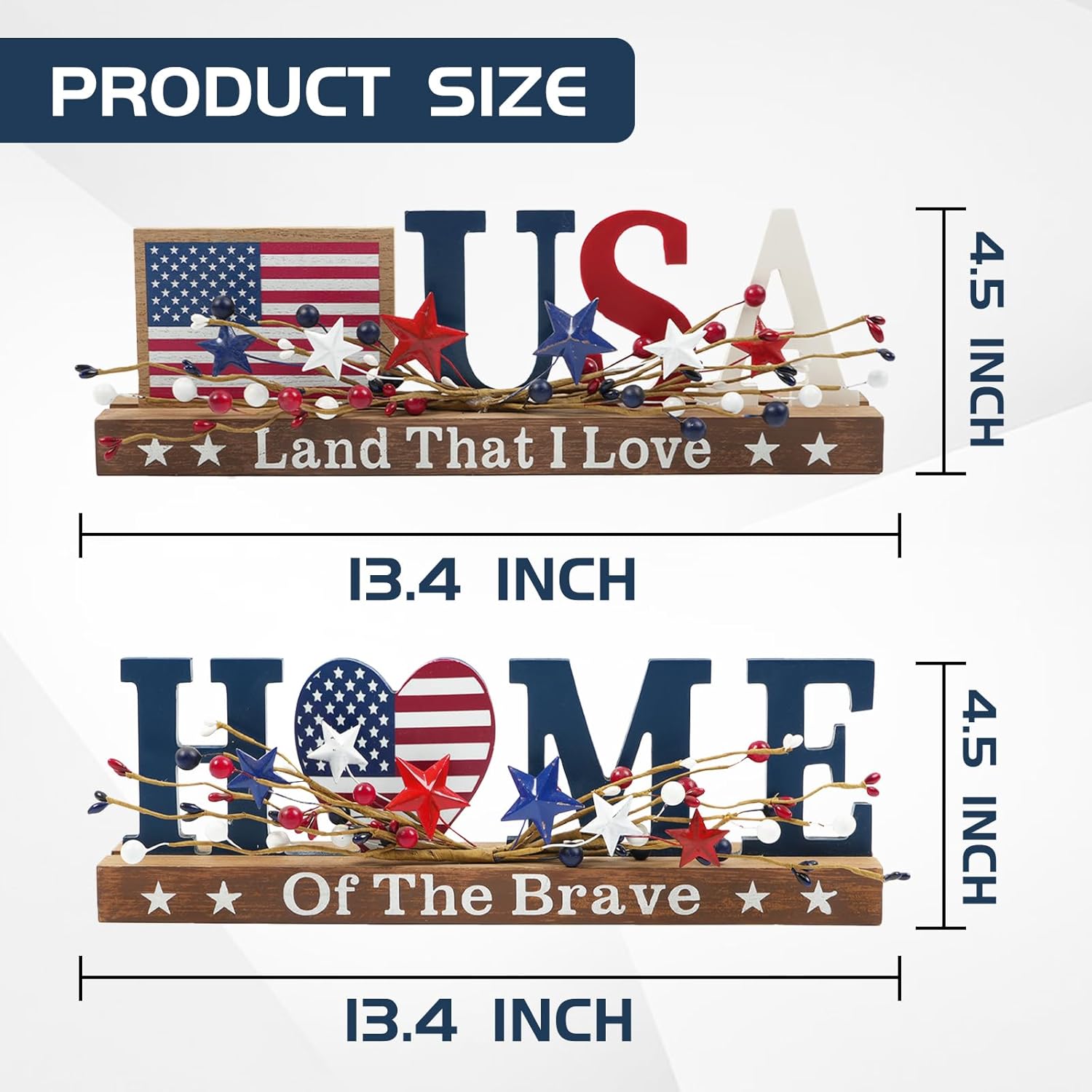 2 piece patriotic USA and Home wooden tabletop signs with red white blue berry stars for Memorial Day 4th of July tiered tray and home office decor