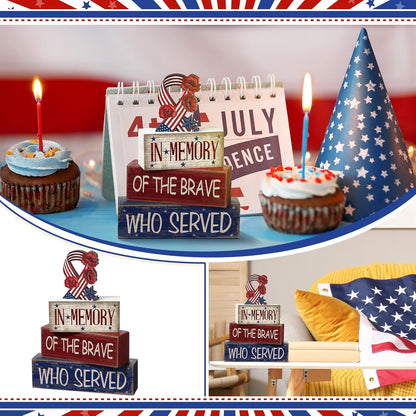 4 piece red white blue wood patriotic tabletop decorations and centerpiece signs for Memorial Day 4th of July tiered tray home shelf and office