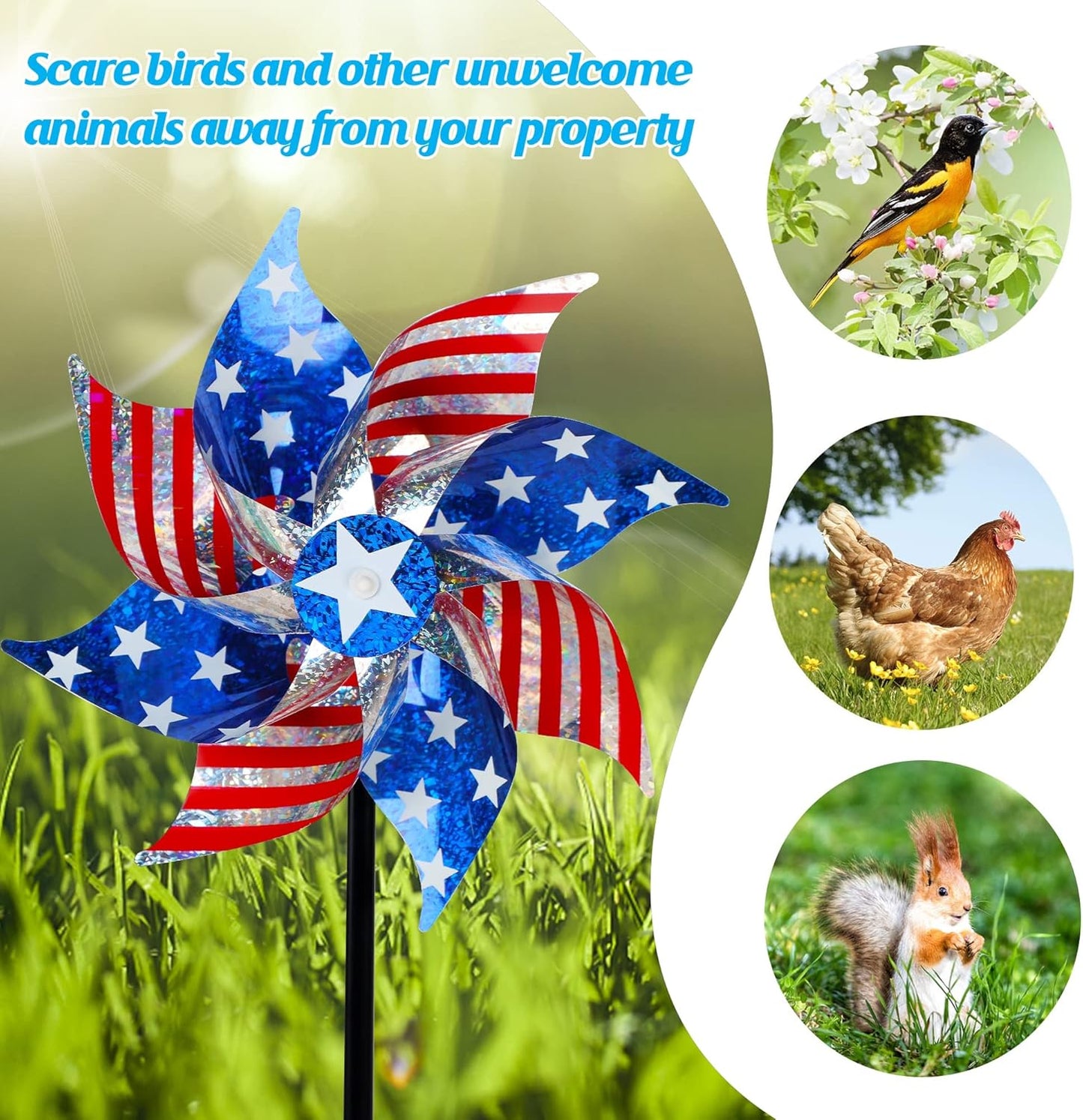 10 pack reflective American flag patriotic pinwheel wind spinners with stakes for Independence Day Memorial Day 4th of July garden yard and bird repellent decoration