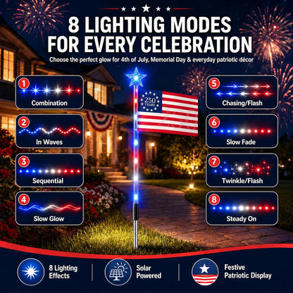 16 piece solar powered American flag patriotic red white blue waterproof LED pathway lights for yard walkway and 4th of July outdoor decoration