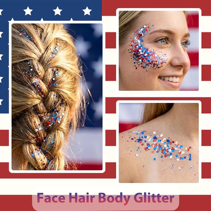 Patriotic USA flag red white and blue face and hair glitter stick 0.56oz for Independence Day Memorial Day Veterans Day 4th of July outfits and accessories for women and kids