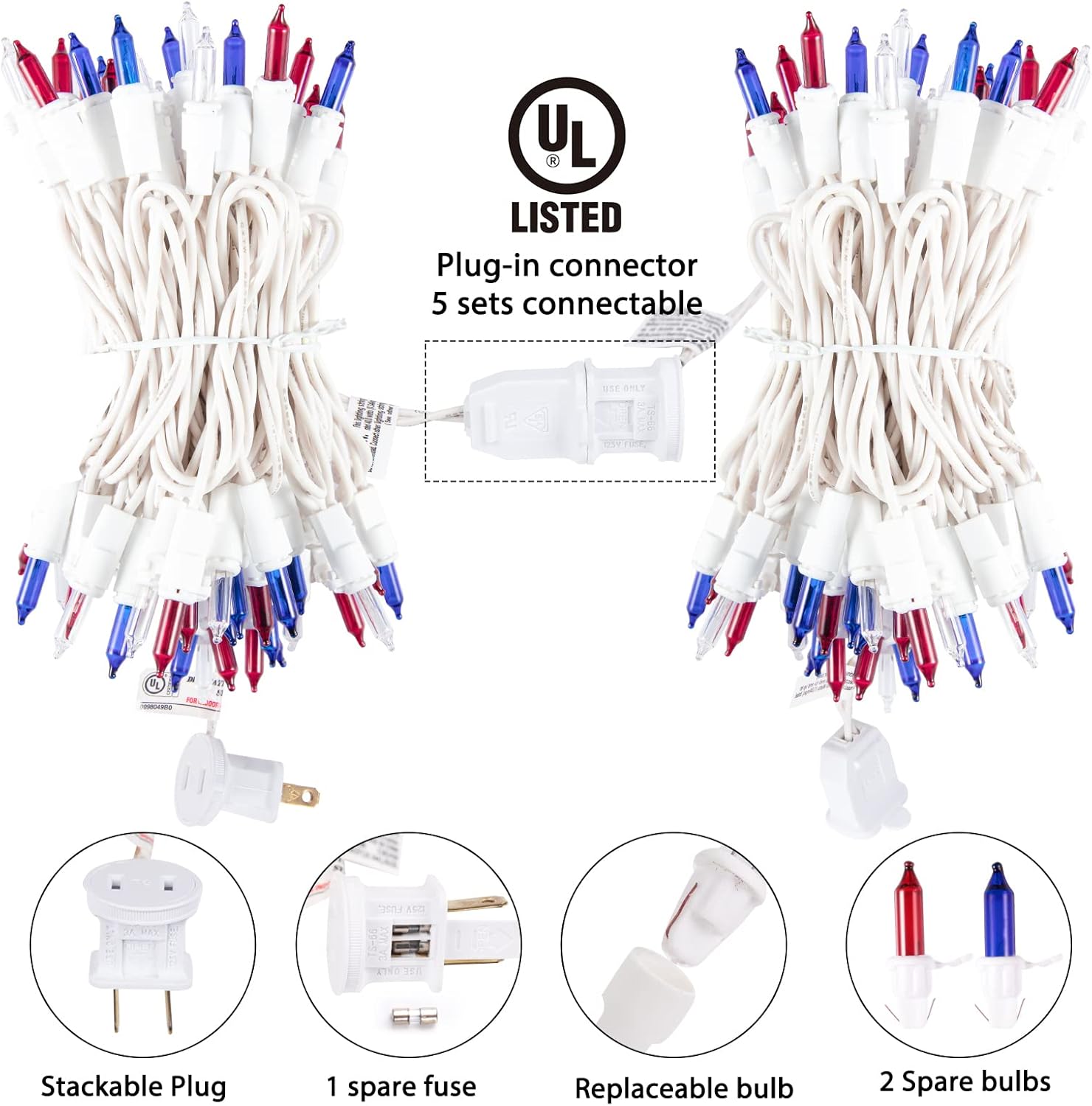 100 count 20 feet red white blue patriotic mini incandescent string lights waterproof for indoor outdoor 4th of July and Independence Day decoration