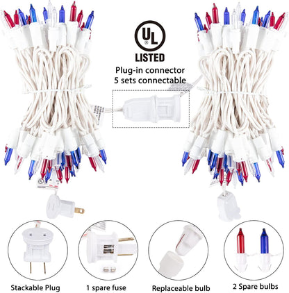100 count 20 feet red white blue patriotic mini incandescent string lights waterproof for indoor outdoor 4th of July and Independence Day decoration
