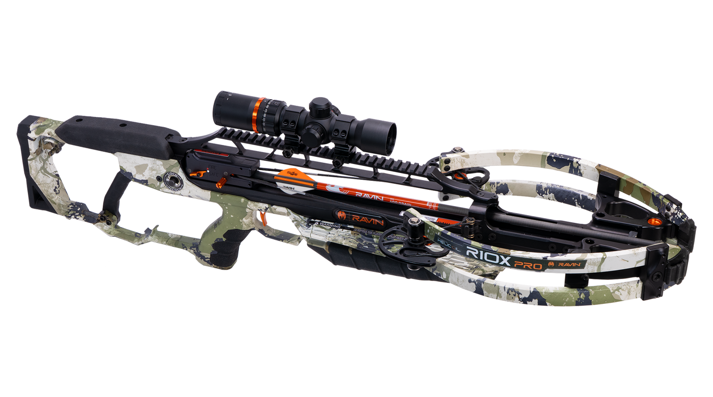 Ravin R10X Pro crossbow with ambidextrous stock and full-length scope rail displayed in outdoor hunting setting