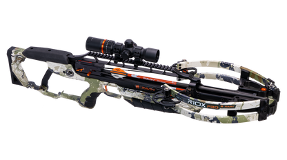Ravin R10X Pro crossbow with ambidextrous stock and full-length scope rail displayed in outdoor hunting setting