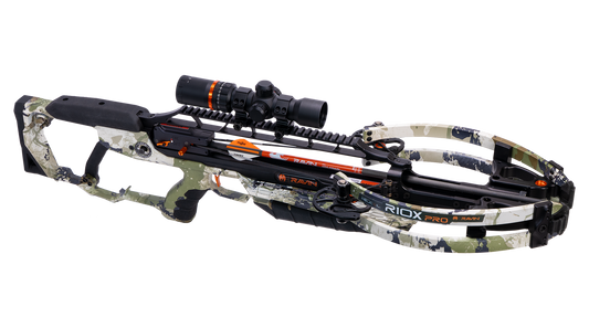 Ravin R10X Pro crossbow with ambidextrous stock and full-length scope rail displayed in outdoor hunting setting