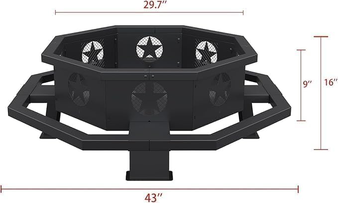 43-inch octagonal black steel wood burning fire pit set up in a backyard patio at dusk with flames burning

