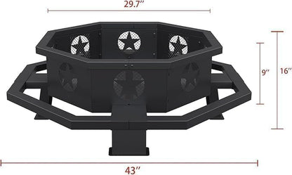 43-inch octagonal black steel wood burning fire pit set up in a backyard patio at dusk with flames burning

