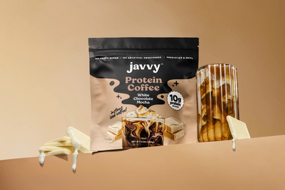 Javvy White Chocolate Mocha flavored protein coffee with premium whey protein