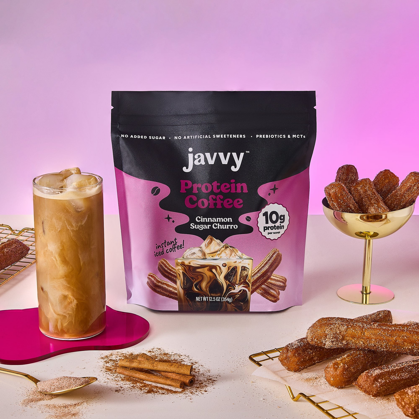 Javvy Cinnamon Sugar Churro flavored protein coffee with premium whey protein