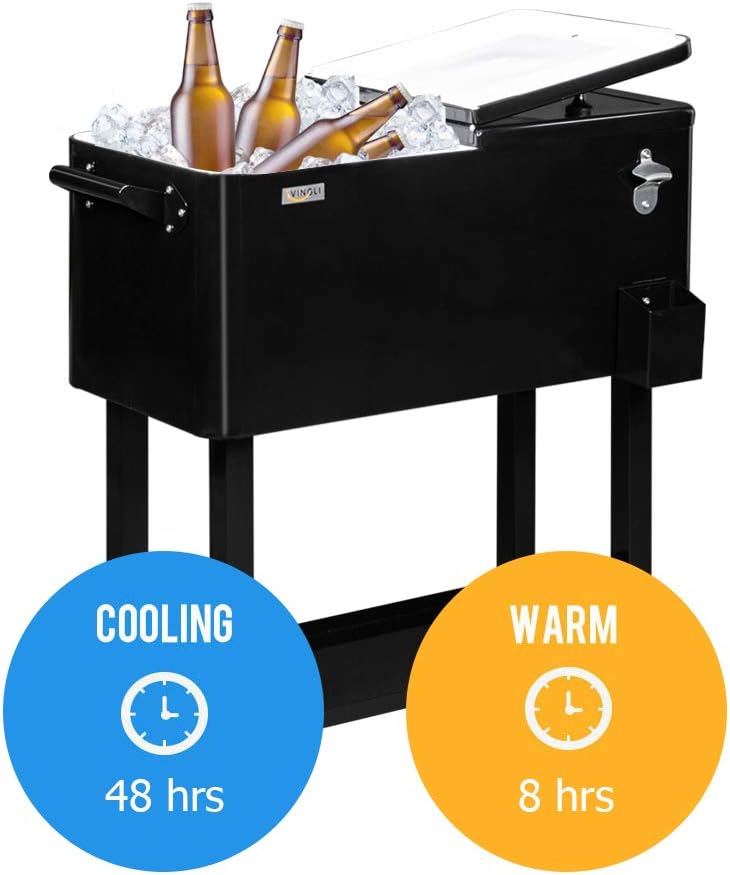VINGLI 80-quart rolling ice chest cooler cart in red with bottle opener and shelf set up outdoors at a backyard party