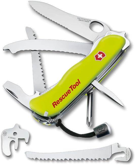 Victorinox Rescue Tool Swiss Army Knife in fluorescent yellow with 13 functions including seatbelt cutter and glass breaker, ideal for veterans and first responders.