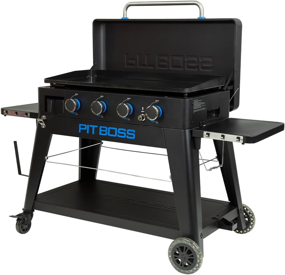 Pit Boss Ultimate 4-burner gas griddle with non-stick lift-off flat top surface for outdoor cooking