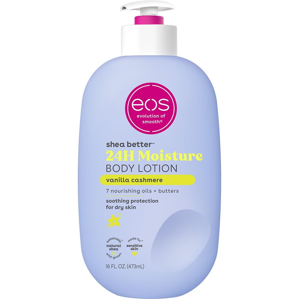 eos Shea Better Body Lotion in Vanilla Cashmere 16 fl oz — lightweight 24-hour moisturizer with natural shea butter, vegan and hypoallergenic, available at VeteransValueHub.