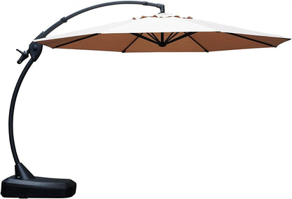 Grand Patio 11 foot cantilever offset umbrella in champagne with wheeled base providing shade over backyard patio seating area