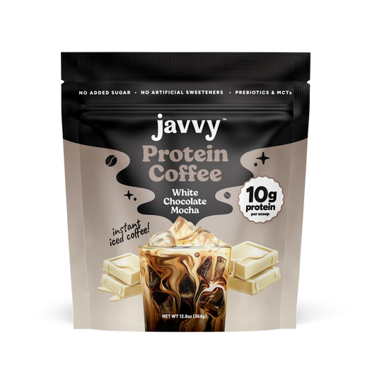 Javvy White Chocolate Mocha flavored protein coffee with premium whey protein