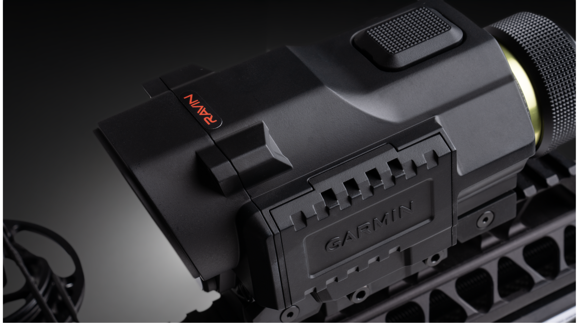 Ravin Integrated Xero X1i crossbow scope by Garmin with built-in rangefinder and digital aimpoints mounted on Ravin crossbow