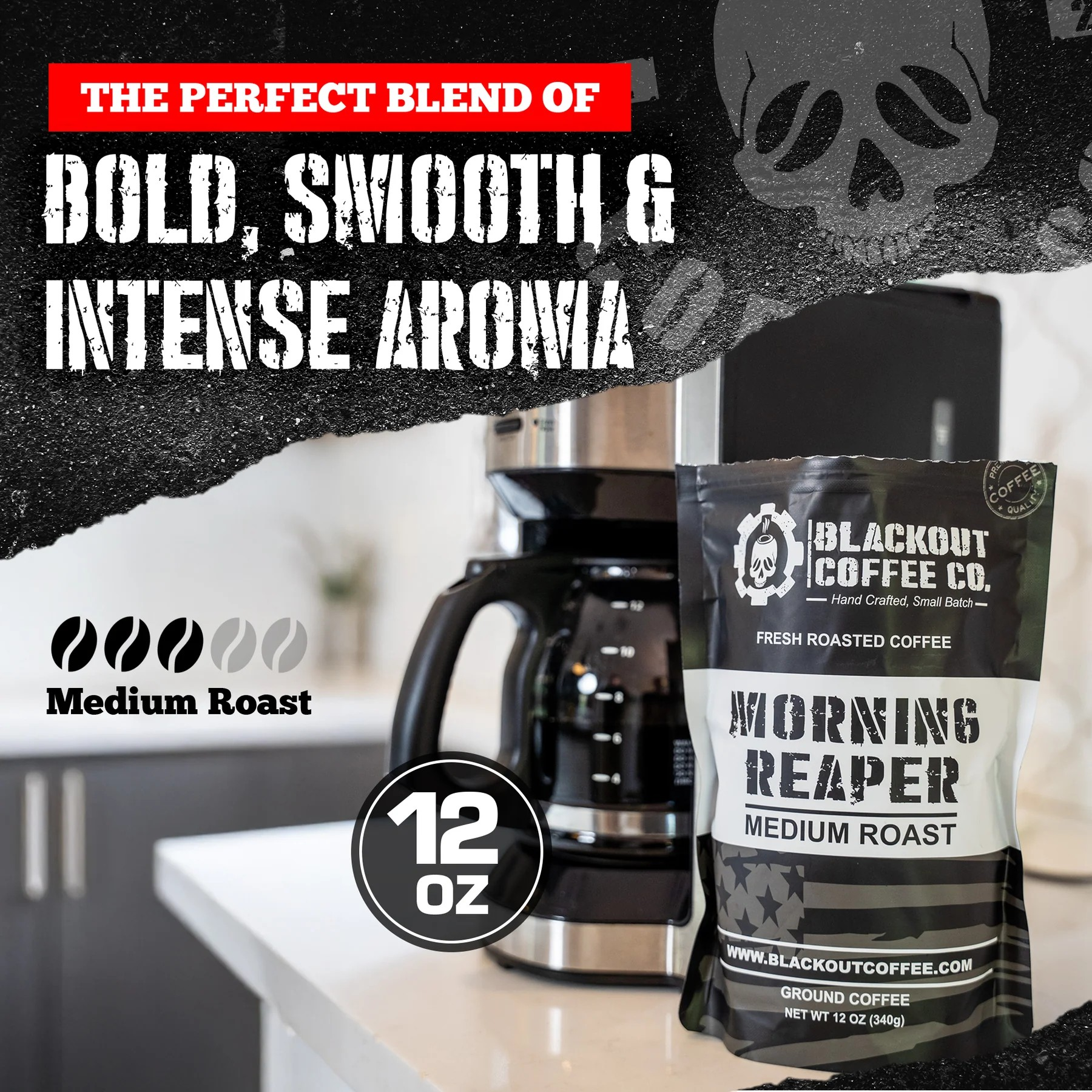Blackout Coffee Morning Reaper 12oz coffee bag on a rugged dark surface with bold patriotic branding