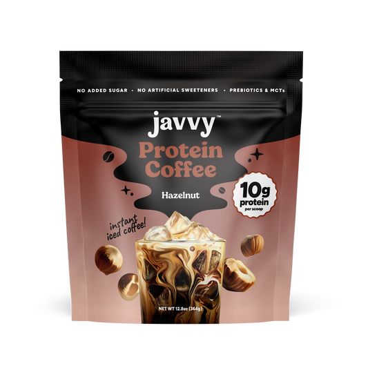 Javvy Hazelnut flavored protein coffee with premium whey protein