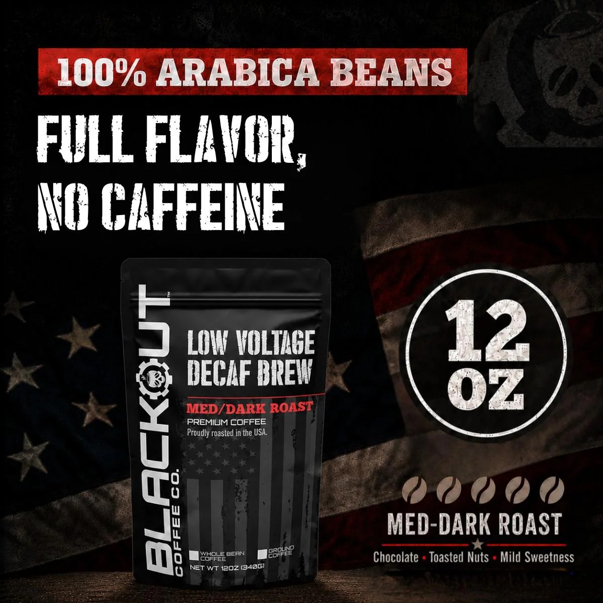 Blackout Coffee Low Voltage Decaf 12oz bag — full-bodied medium-dark roast, 100% Arabica, decaffeinated, small-batch roasted in the USA