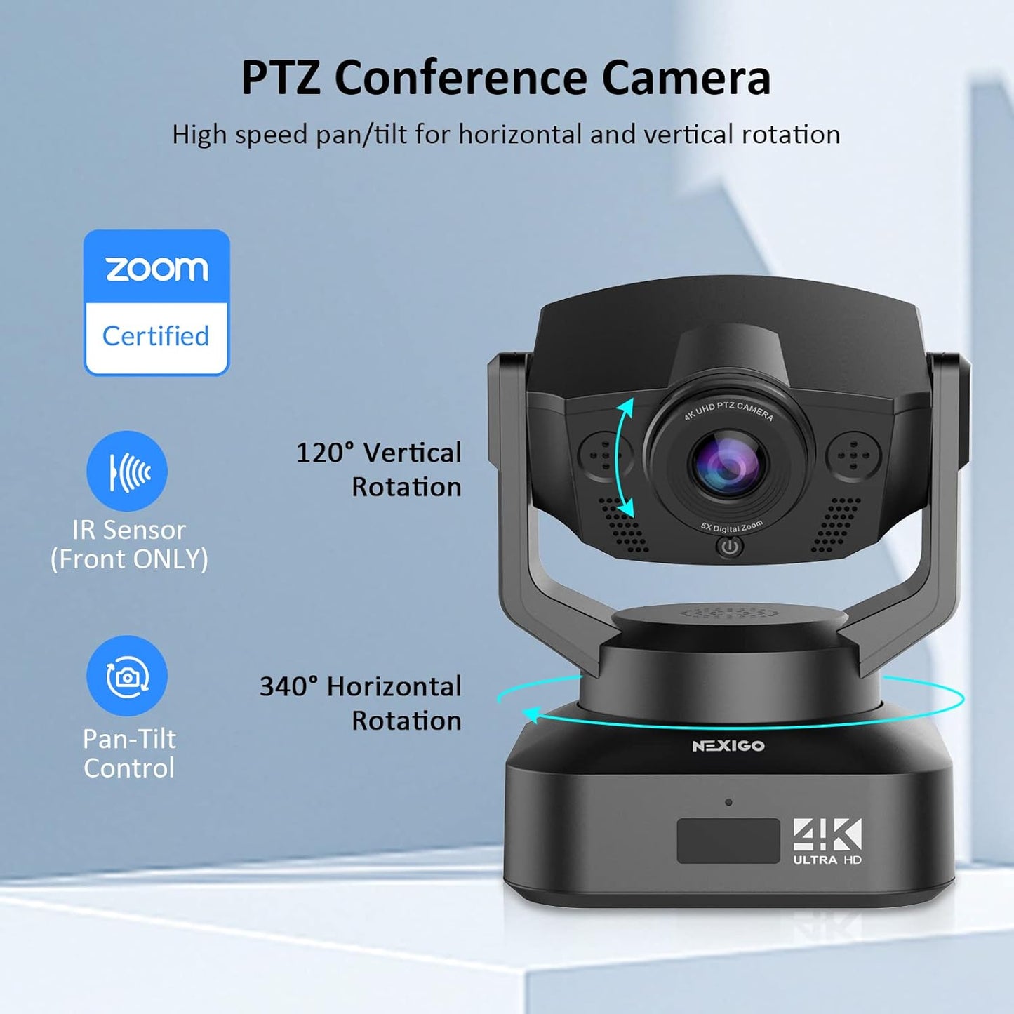 NexiGo N990 4K PTZ Zoomable Webcam, Video Conference Camera System with 5X Digital Zoom, Sony Starvis Sensor, Position Preset, Dual Stereo Mics, Audio Jacks for External Mics (Renewed)