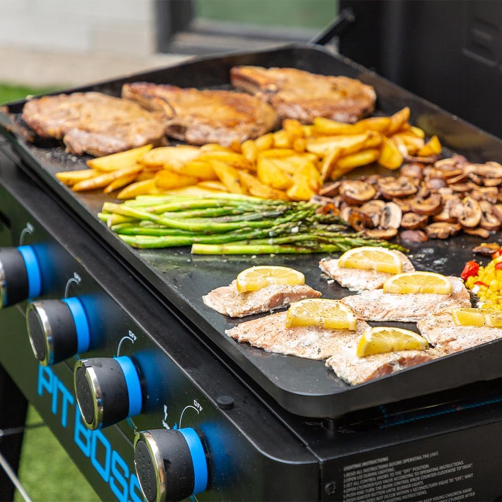 Pit Boss Ultimate 4-burner gas griddle with non-stick lift-off flat top surface for outdoor cooking