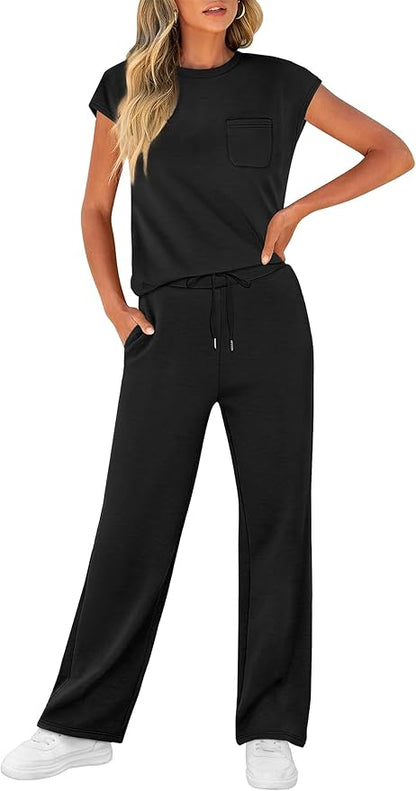 WIHOLL women's casual 2-piece cap sleeve lounge set summer travel vacation outfit relaxed fit