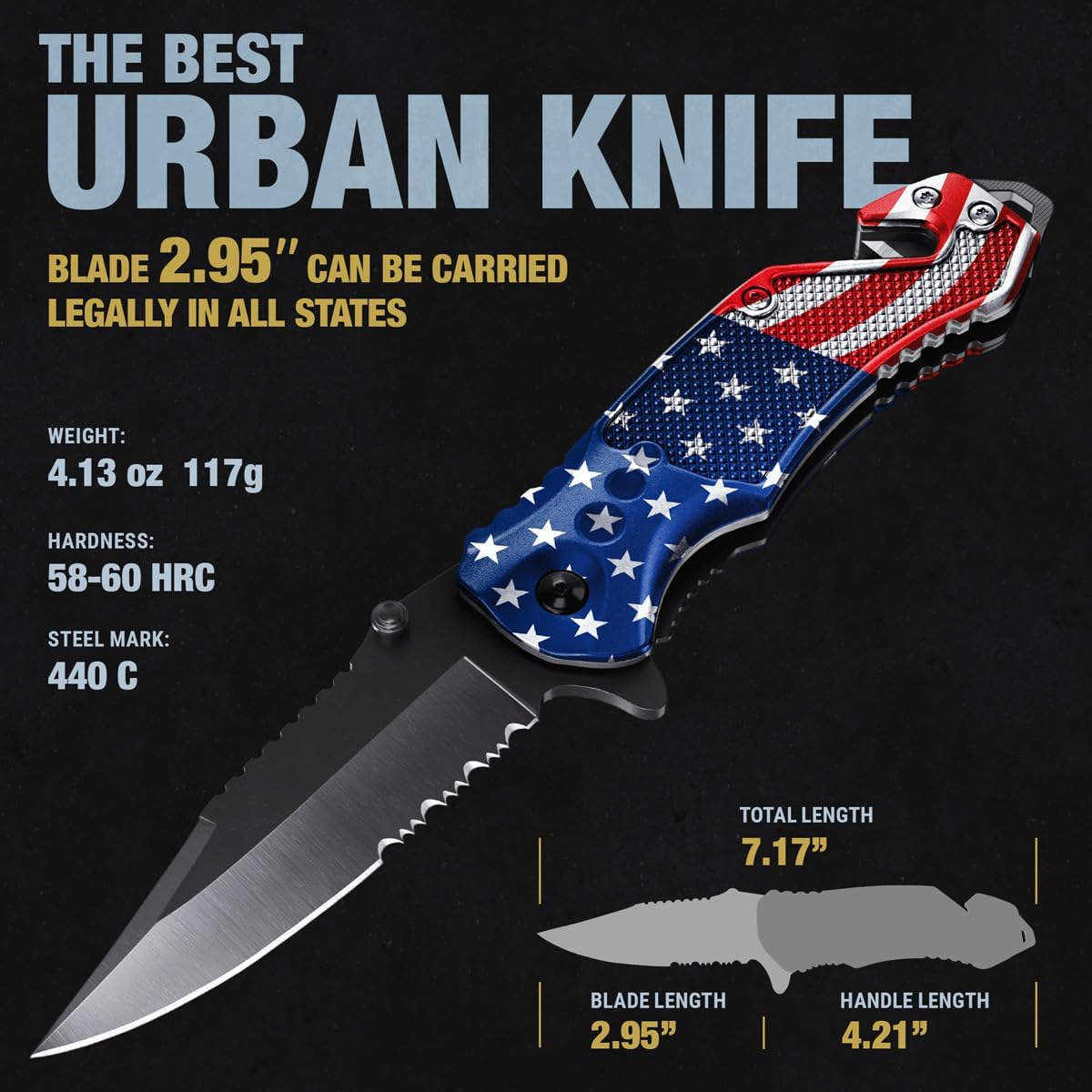 GOOD WORKER legal EDC folding pocket knife with serrated blade glass breaker and seat belt cutter with pocket clip